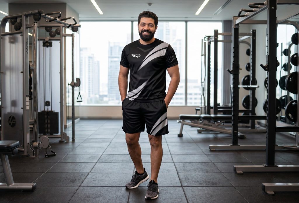 Sportify athletic set with black t-shirt and shorts featuring reflective diagonal stripes worn by a smiling man in a gym