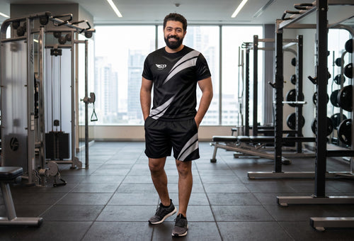 Sportify athletic set with black t-shirt and shorts featuring reflective diagonal stripes worn by a smiling man in a gym