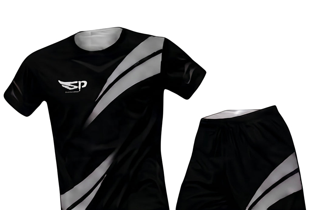 Sportify black athletic t-shirt and shorts set with reflective diagonal stripe detailing and logo