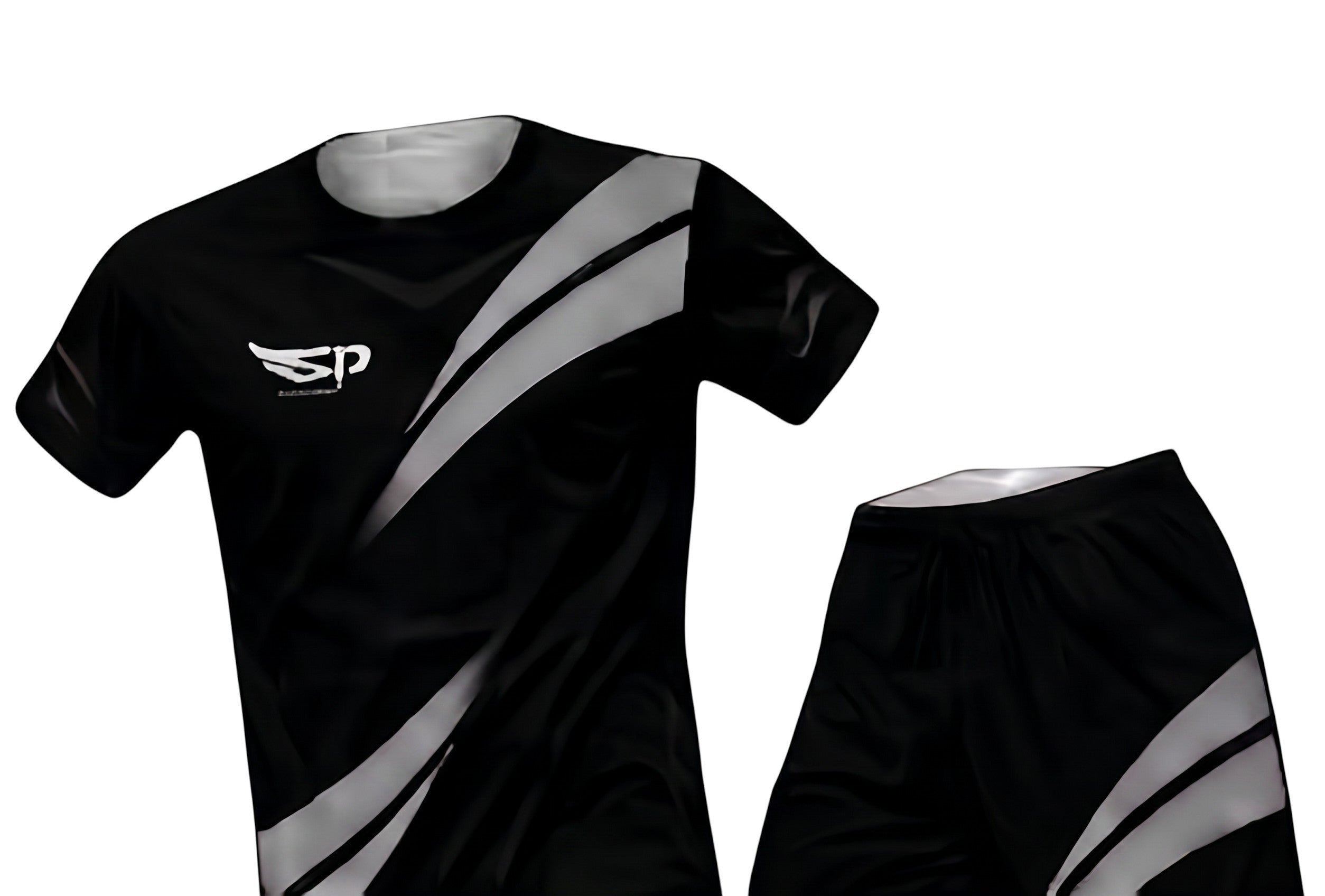 Sportify black athletic t-shirt and shorts set with reflective diagonal stripe detailing and logo