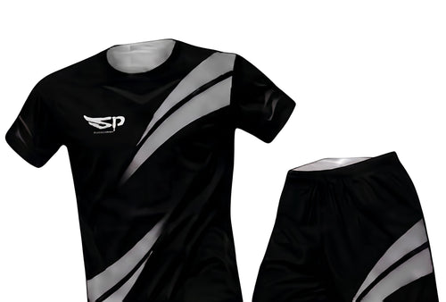 Sportify black athletic t-shirt and shorts set with reflective diagonal stripe detailing and logo