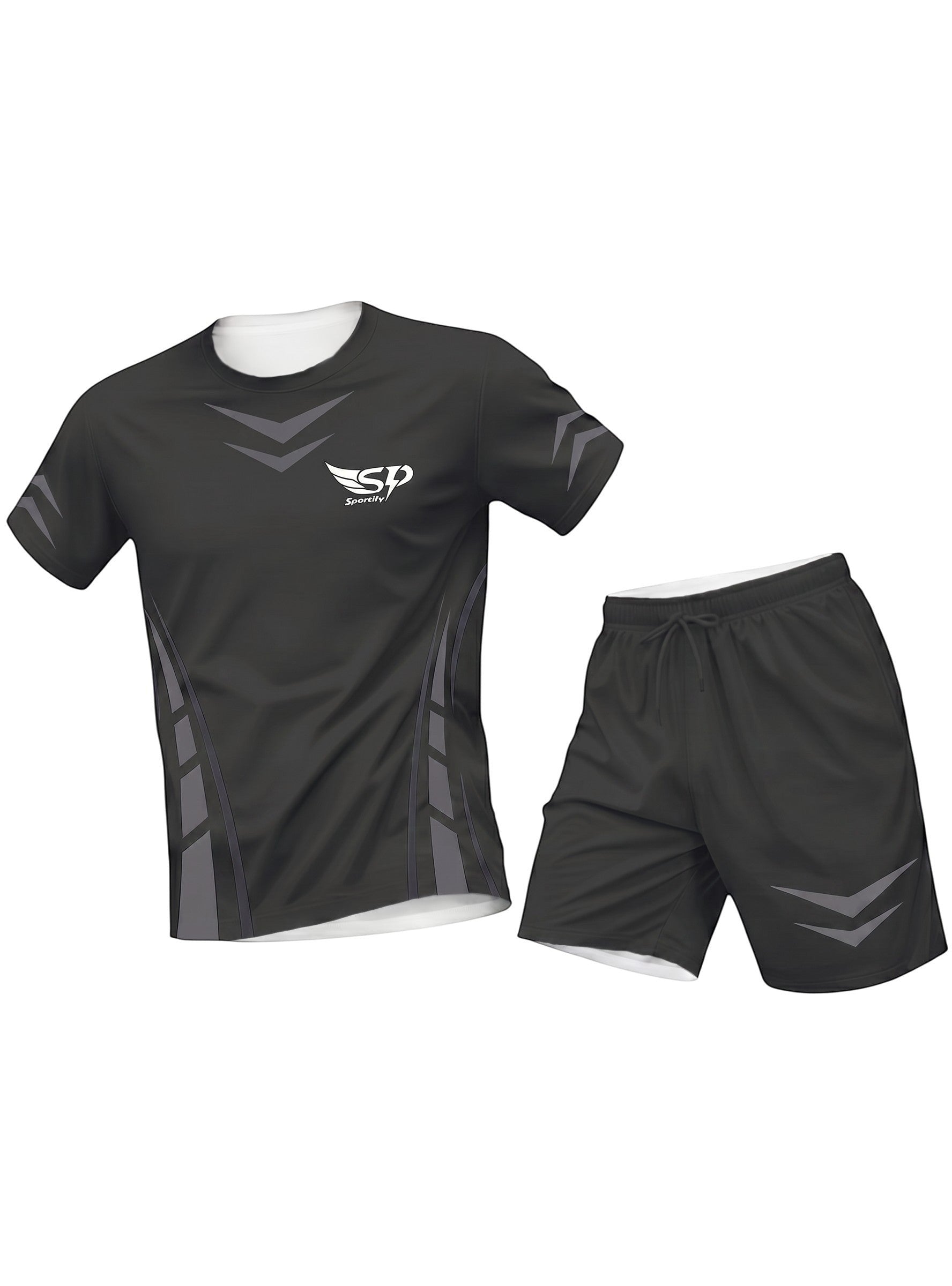 Sportify women's black performance athletic training t-shirt and matching shorts with geometric accents