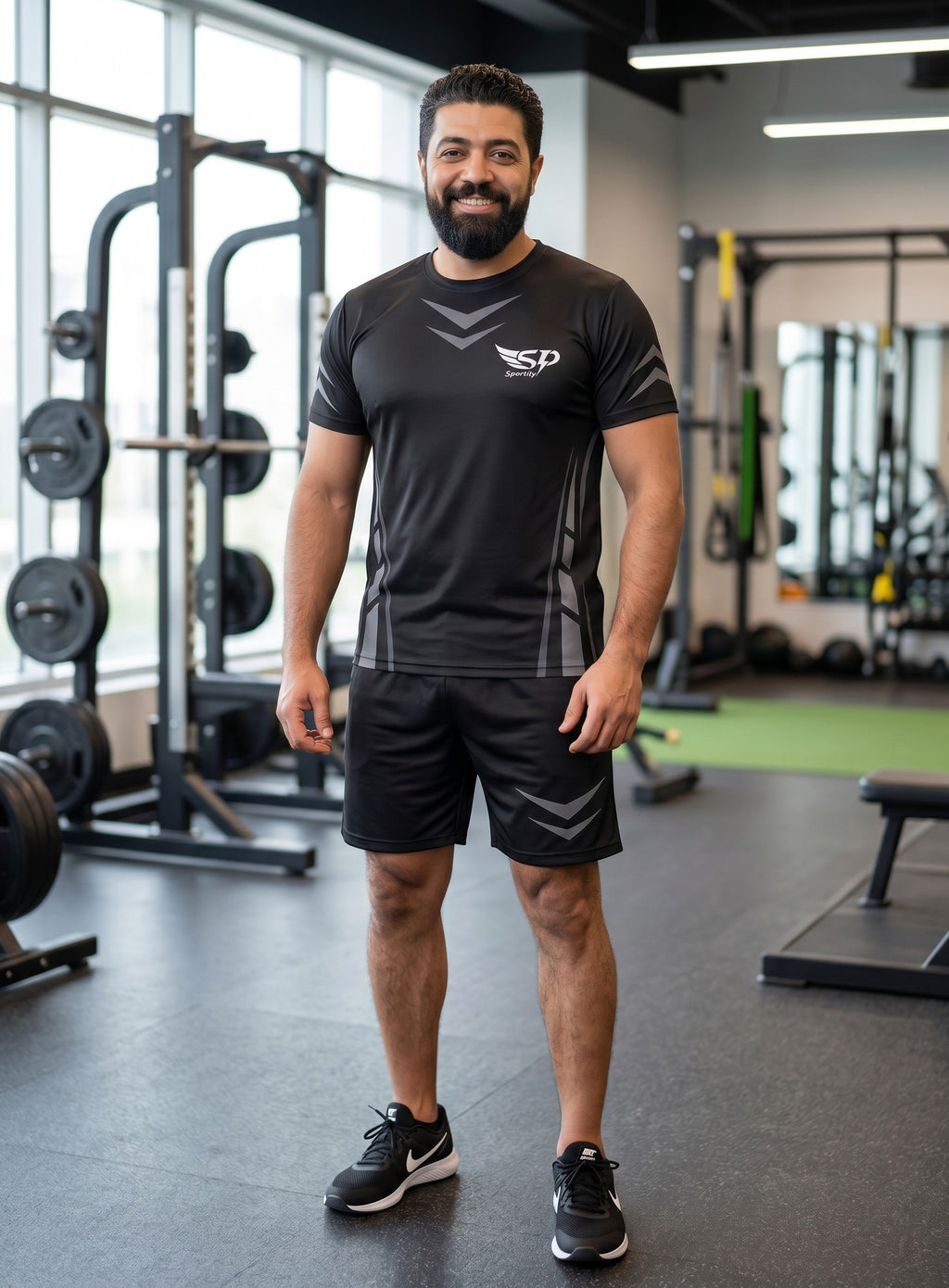 Sportify men wearing a black moisture-wicking athletic training t-shirt with geometric accents in a gym setting.
