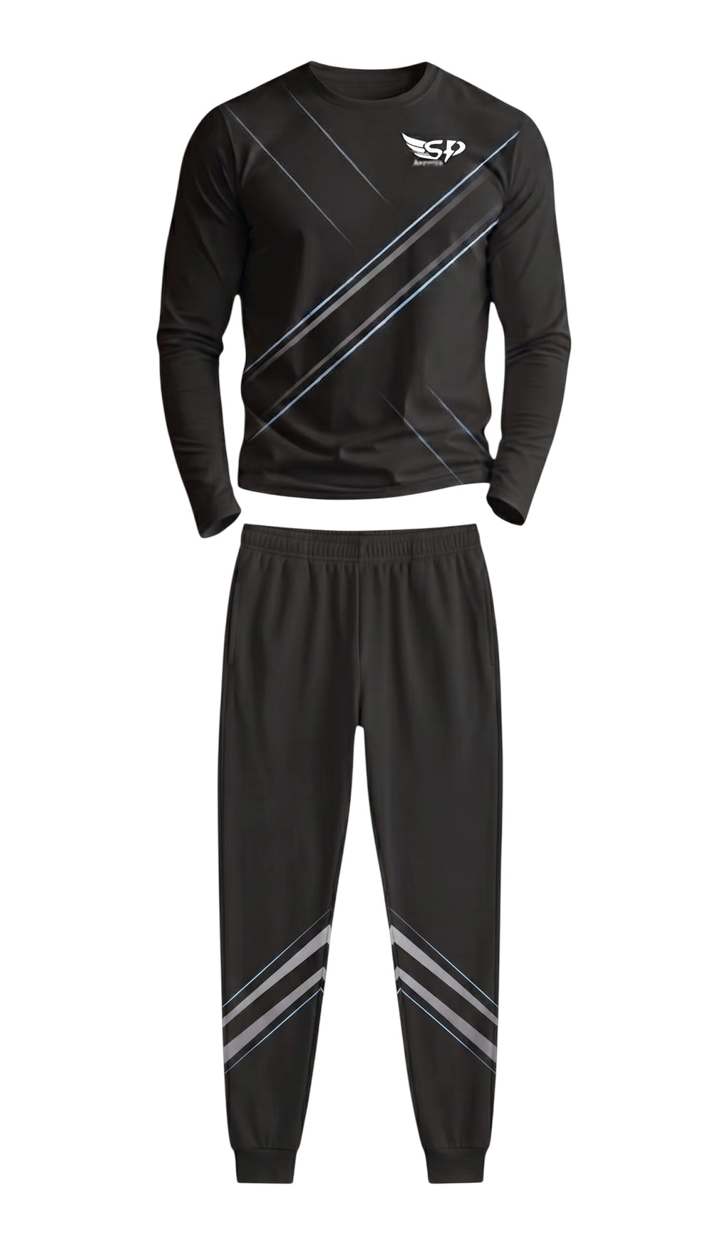 Sportify black long-sleeve crew sweatshirt and jogger pants set with reflective diagonal stripe detailing