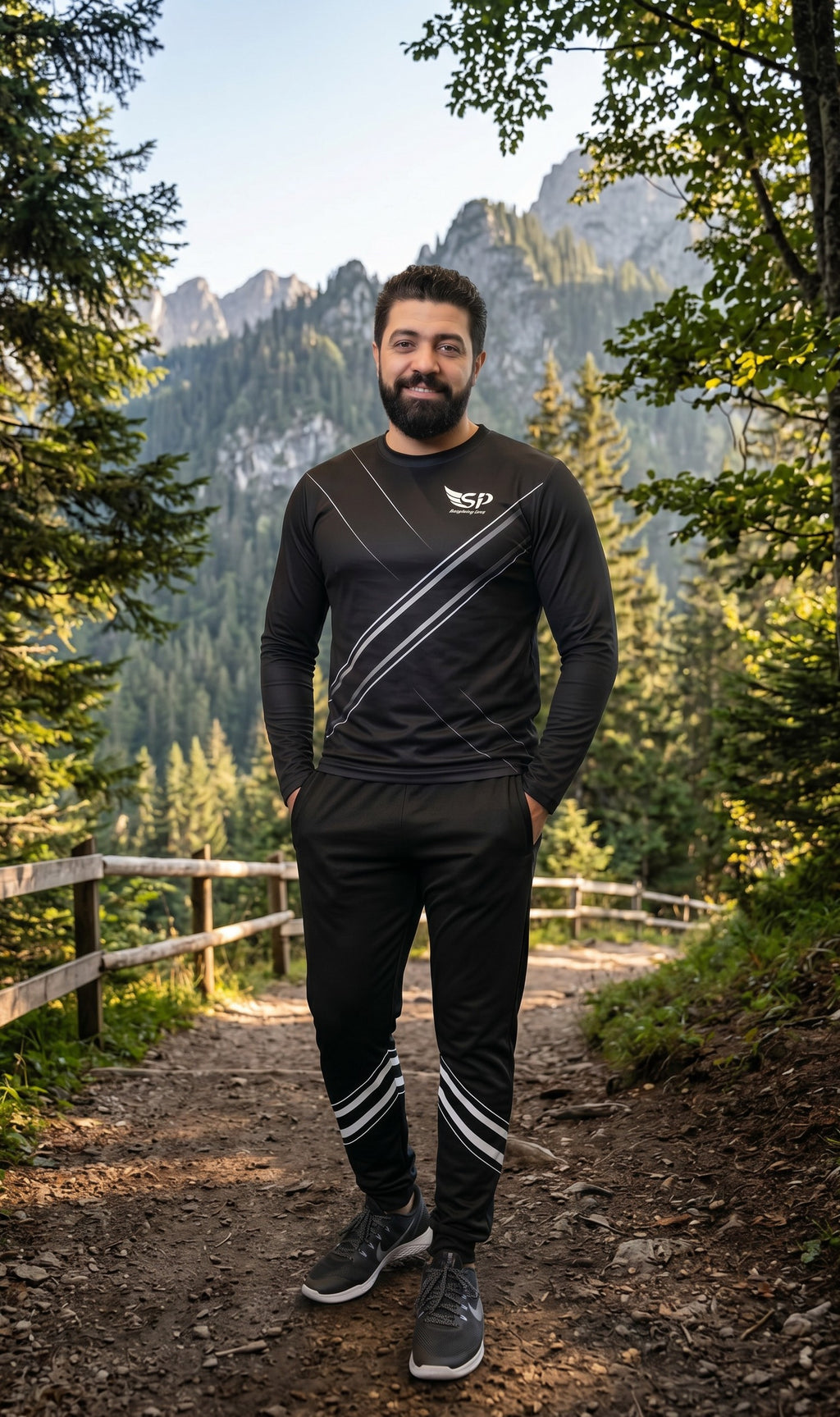 Sportify tracksuit featuring a black long-sleeve crew sweatshirt and joggers with reflective diagonal stripe detailing