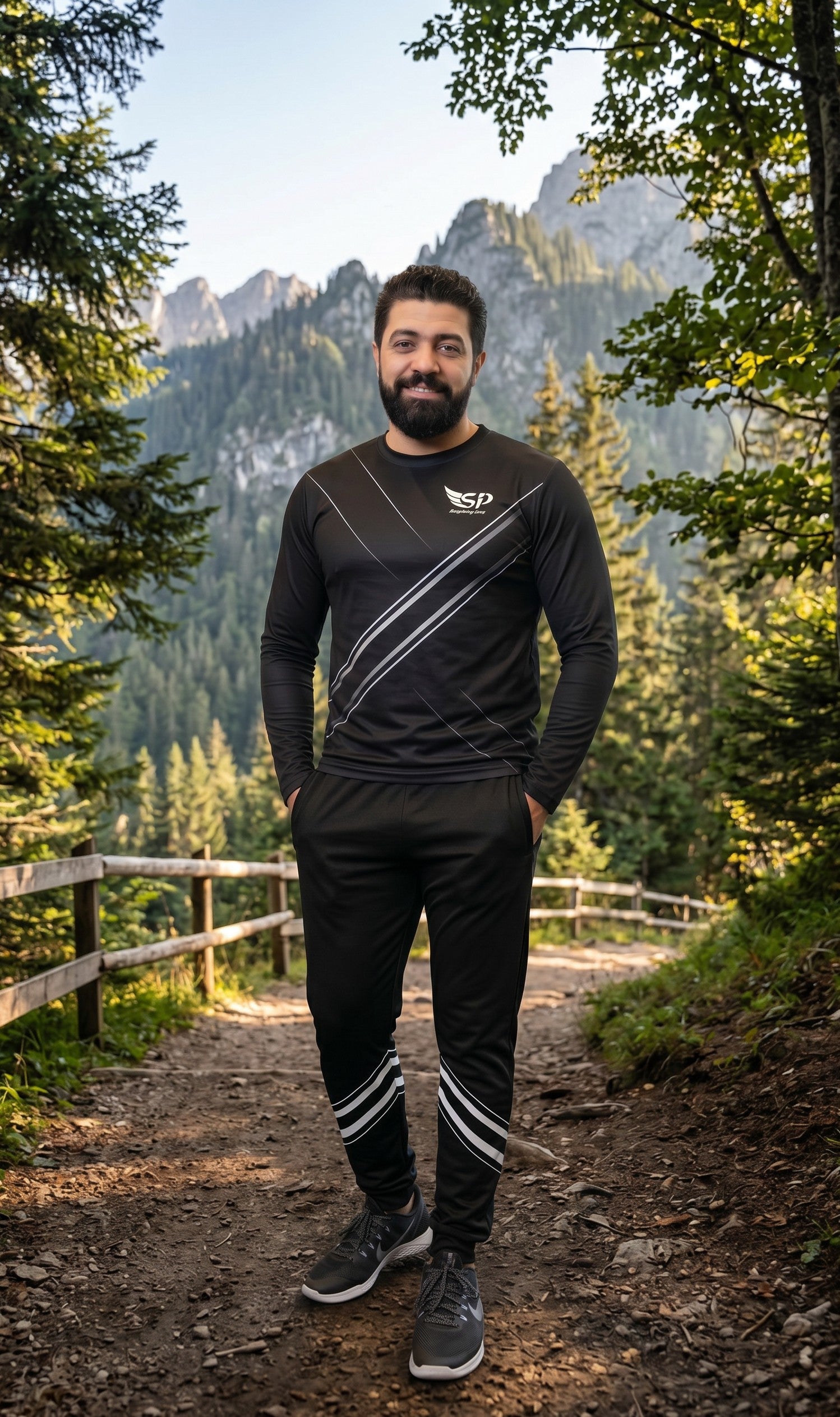 Sportify tracksuit featuring a black long-sleeve crew sweatshirt and joggers with reflective diagonal stripe detailing