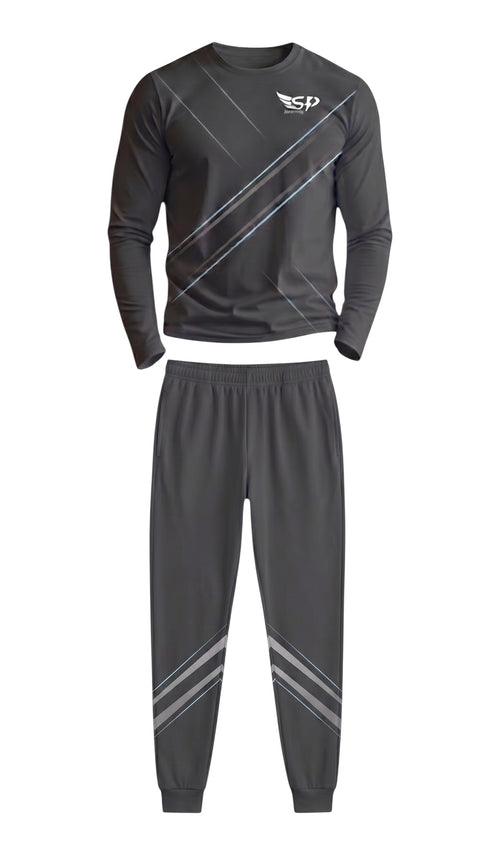 Sportify charcoal grey long-sleeve crew sweatshirt and jogger pants set with reflective diagonal stripe detailing.