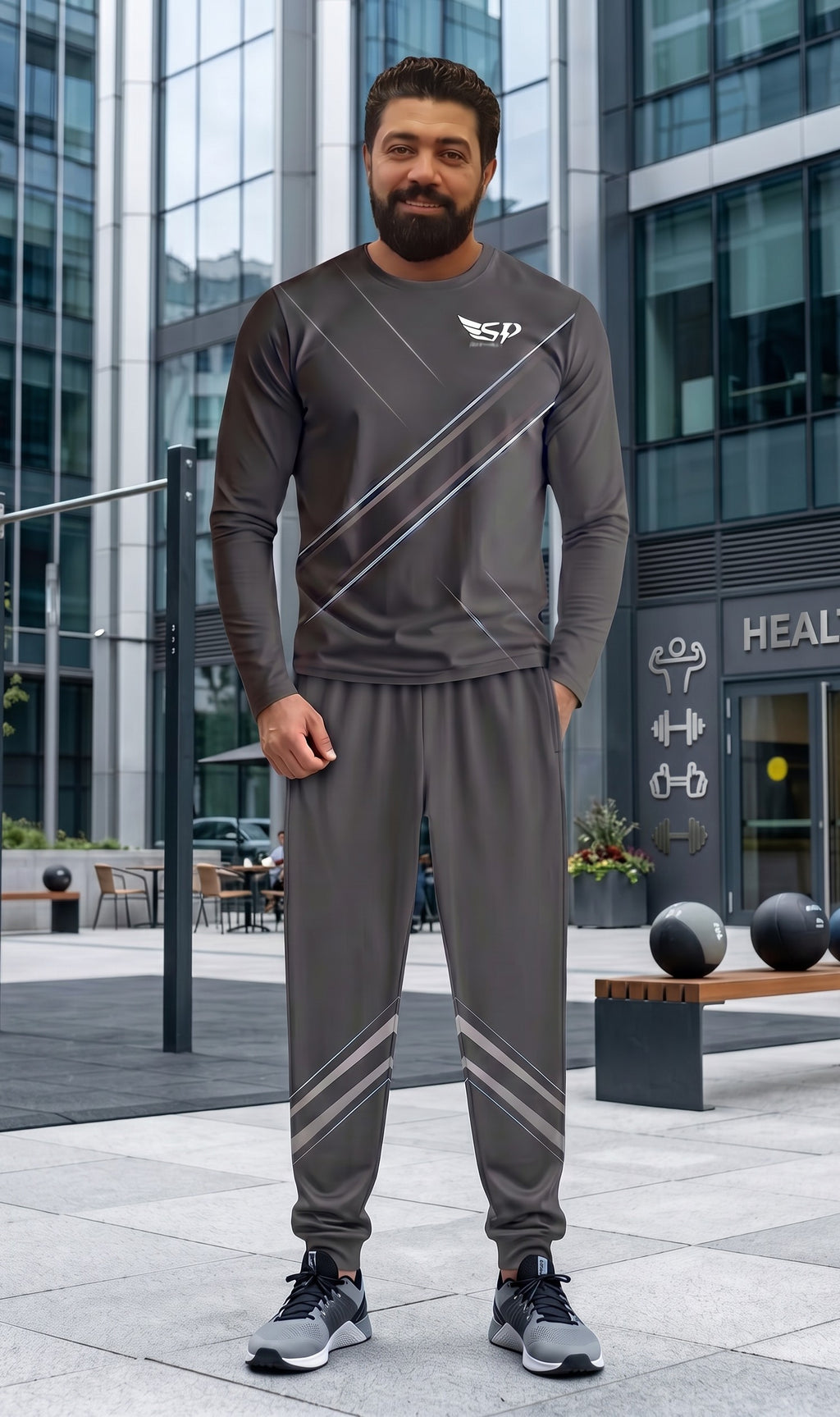 A man wearing a Sportify grey long-sleeve crew sweatshirt and matching jogger pants with reflective diagonal stripes.