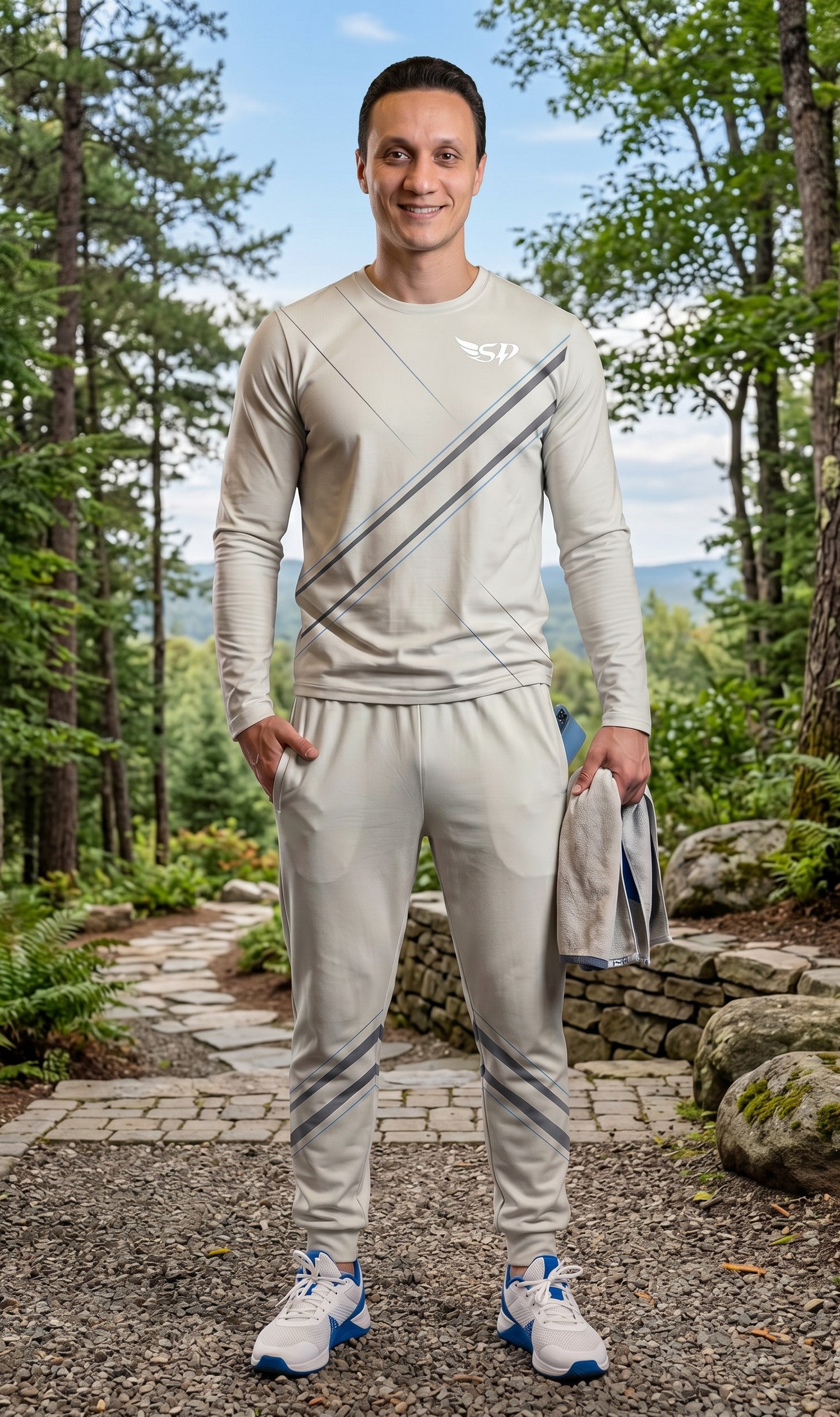 Sportify tracksuit set in light grey with reflective diagonal stripes, worn by a man on a stone path in the woods.