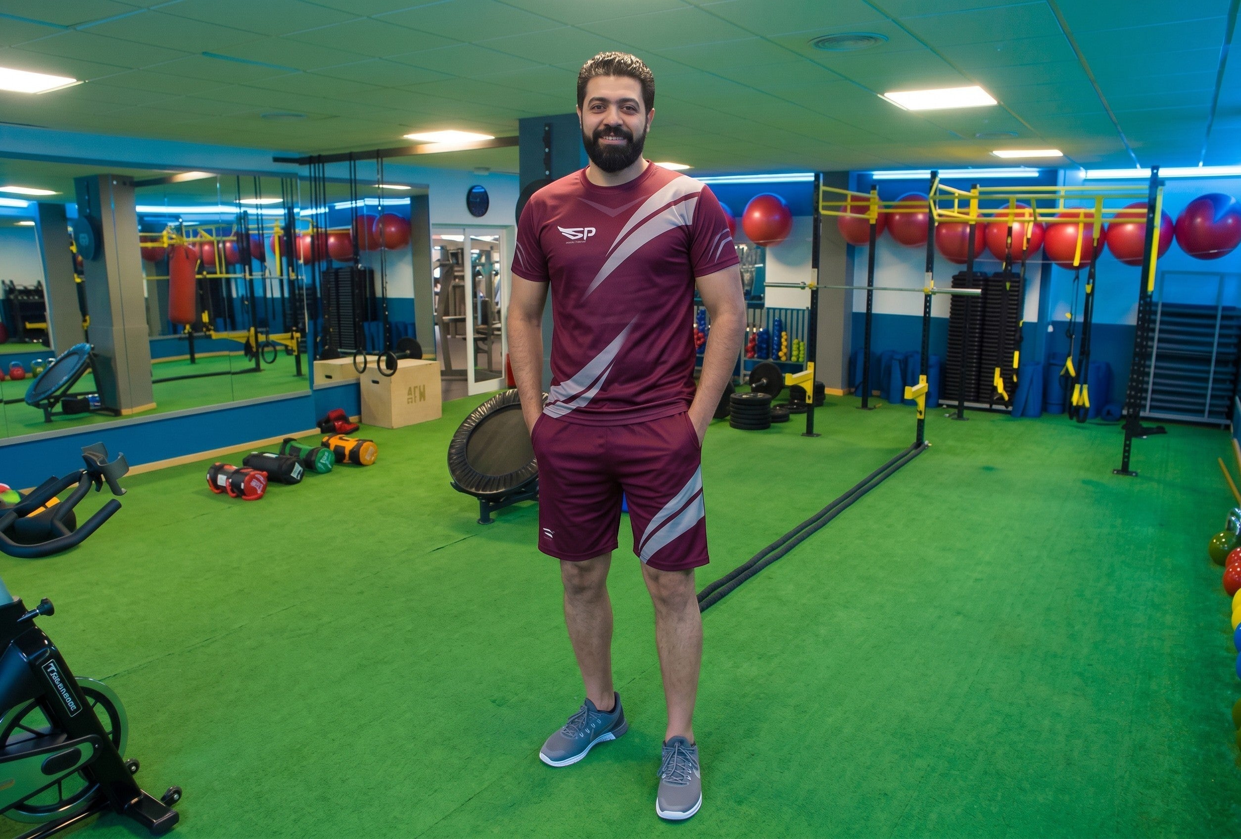 Sportify maroon athletic t-shirt and shorts set with reflective diagonal stripes worn by a man in a gym