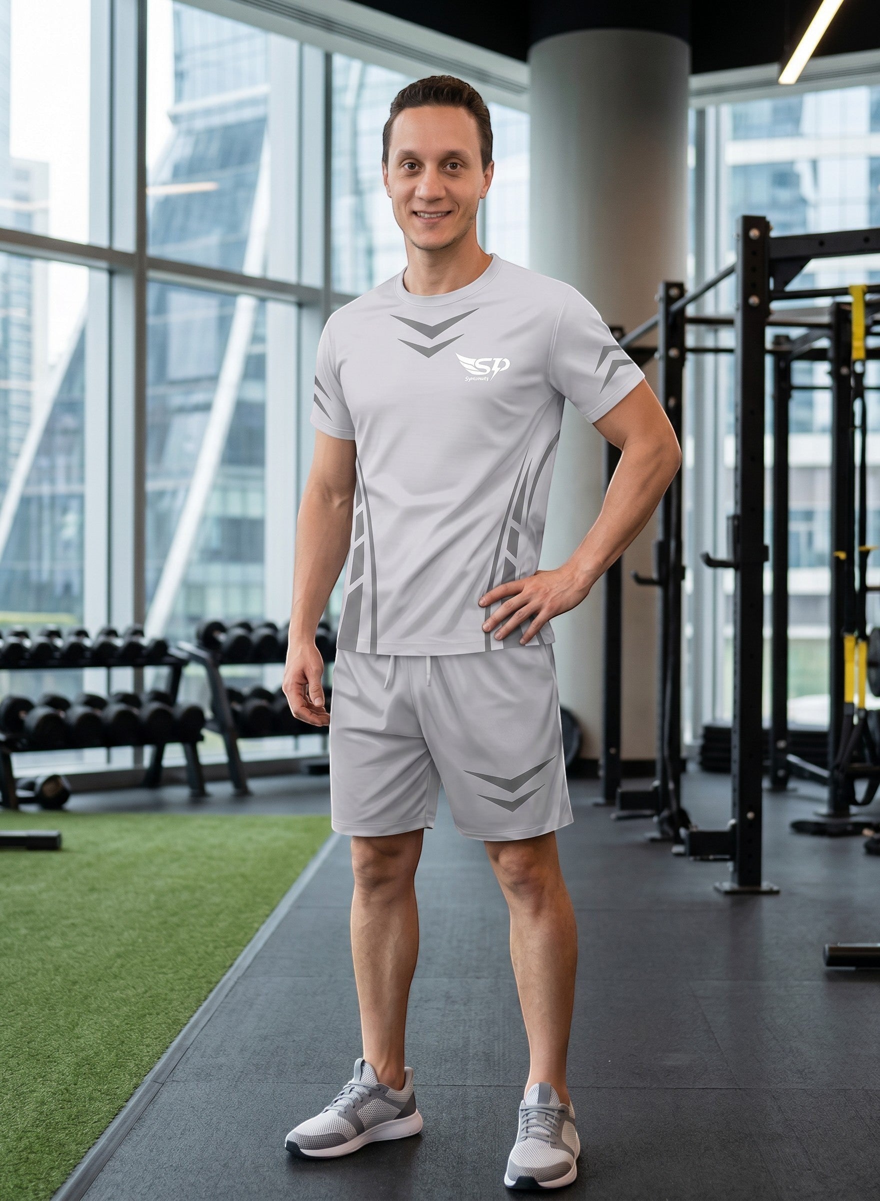 Sportify men wearing a light grey moisture-wicking athletic t-shirt and matching shorts in a modern gym setting.
