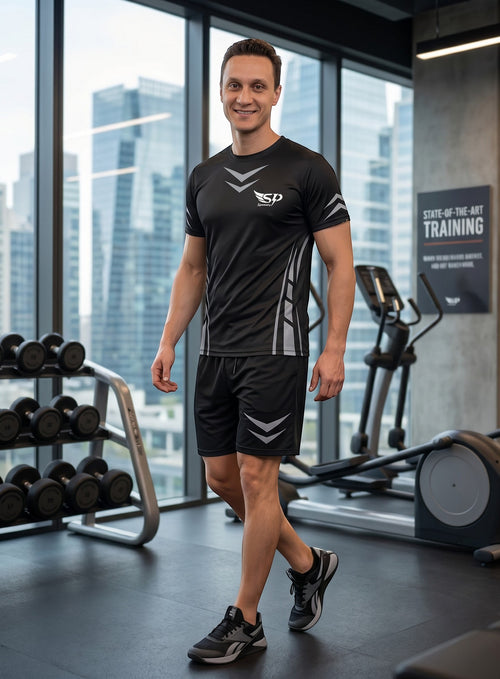Sportify men wearing a black moisture-wicking athletic t-shirt and matching shorts with geometric accents in a gym