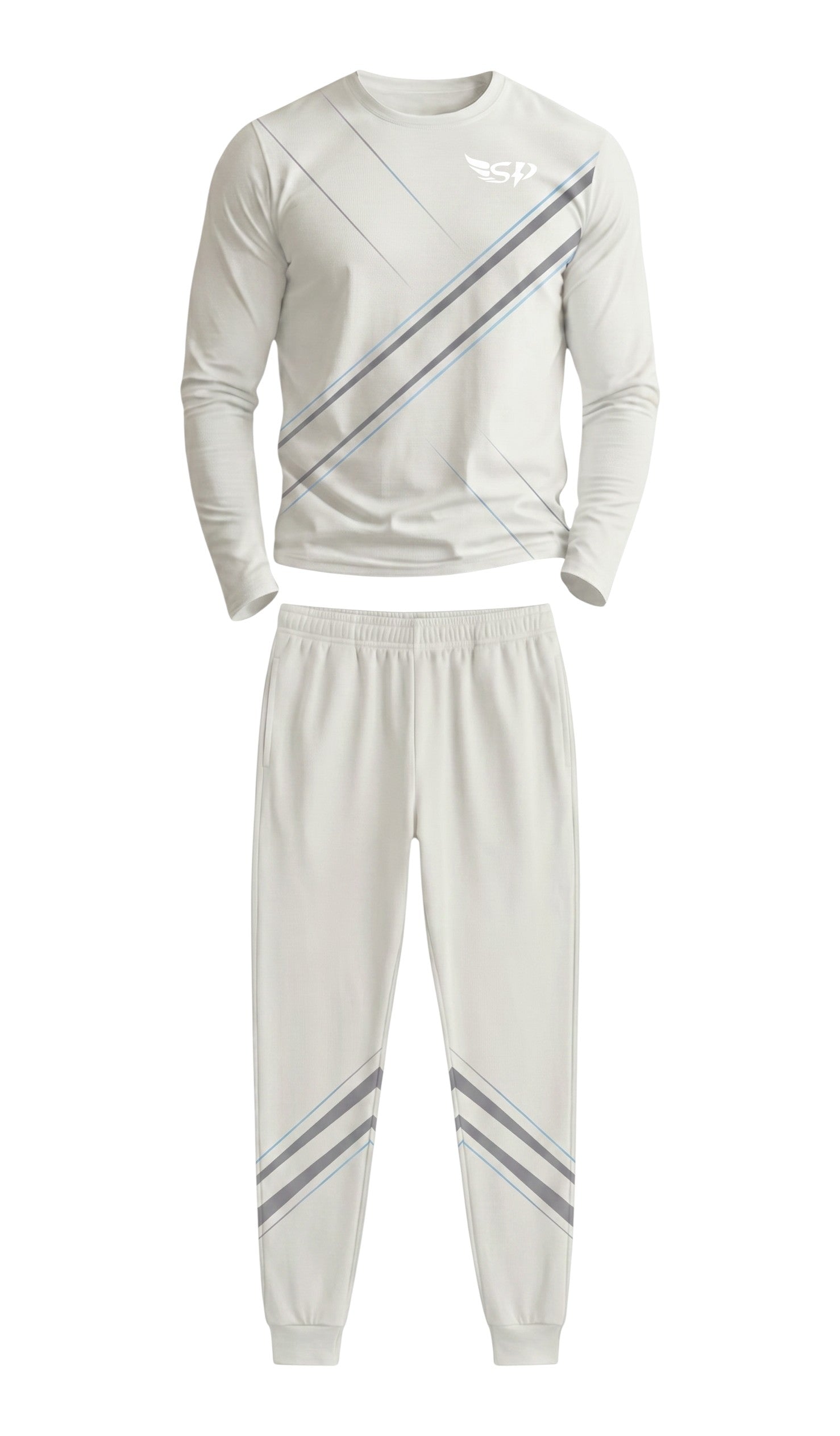 Sportify tracksuit set in off-white featuring a long-sleeve crew sweatshirt and joggers with reflective stripes.