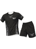 Sportify women's black athletic training t-shirt and shorts set with grey geometric accents and moisture-wicking fabric