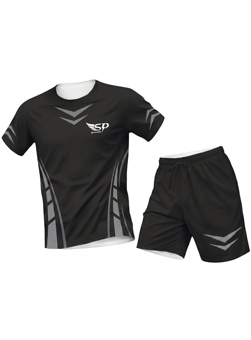 Sportify women's black athletic training t-shirt and shorts set with grey geometric accents and moisture-wicking fabric