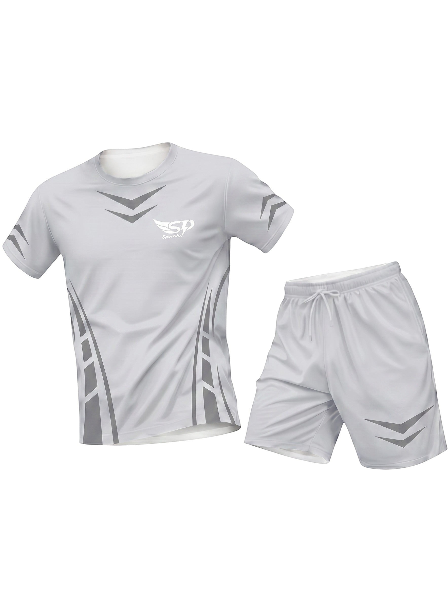 Sportify women's light grey performance training t-shirt and matching athletic shorts with geometric accents.